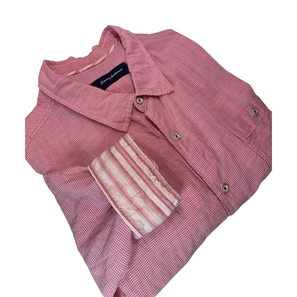 Tommy Bahama Linen Blend Shirt 2XT Button Up Long Sleeve Pink Gingham Camp Beach